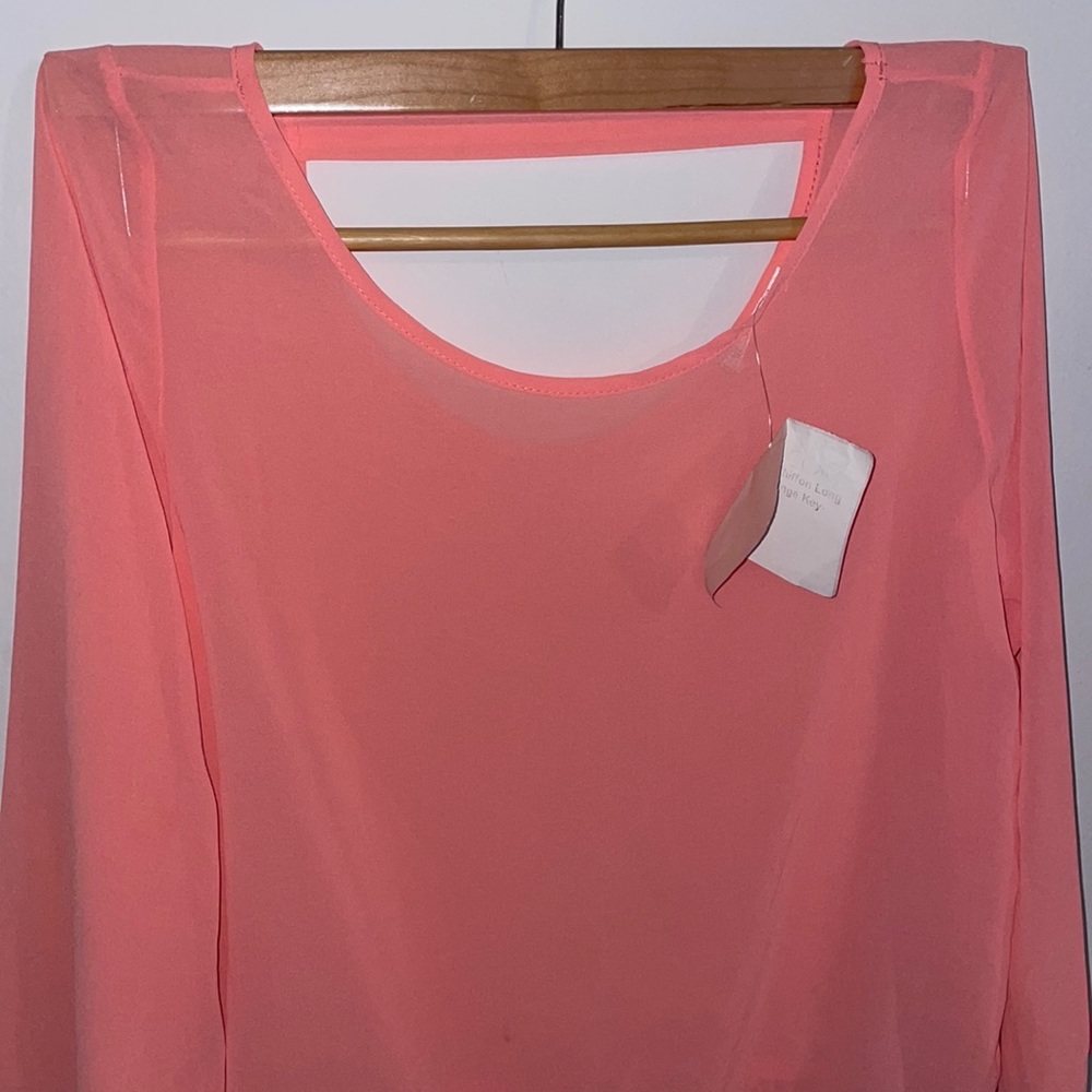 Salmon Demure Chiffon Long sleeve Crochet Fronge Key- Hole Top size small